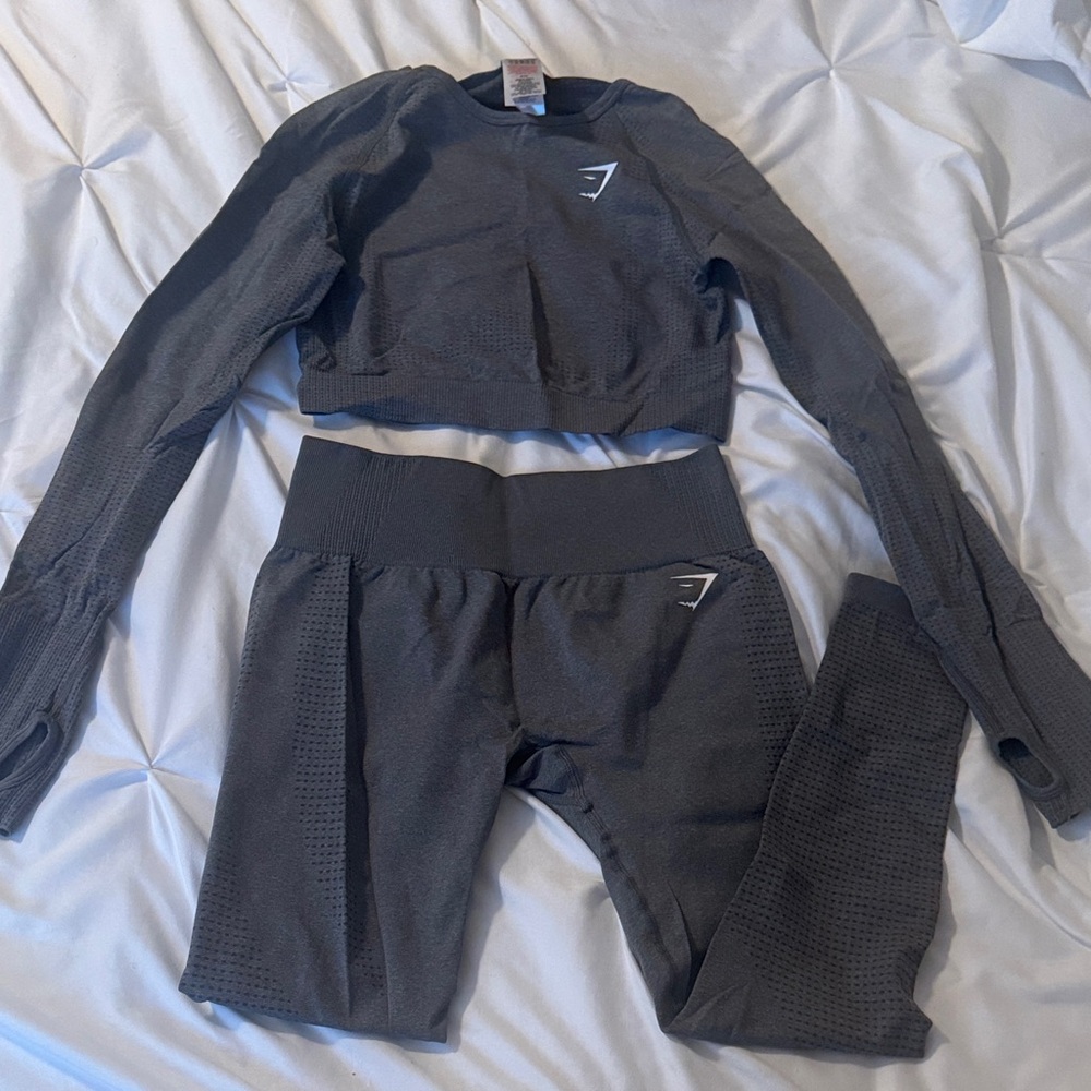 Gymshark Gray Long Sleeve Crop Top and Leggings Set